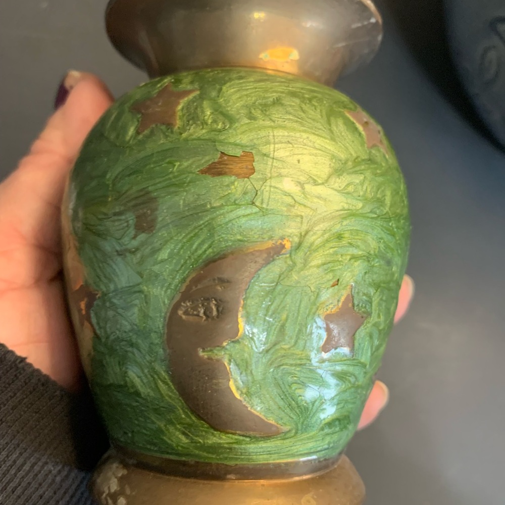Vintage Cloisonne Brass Green Enameled MOON STARS SUN miniature